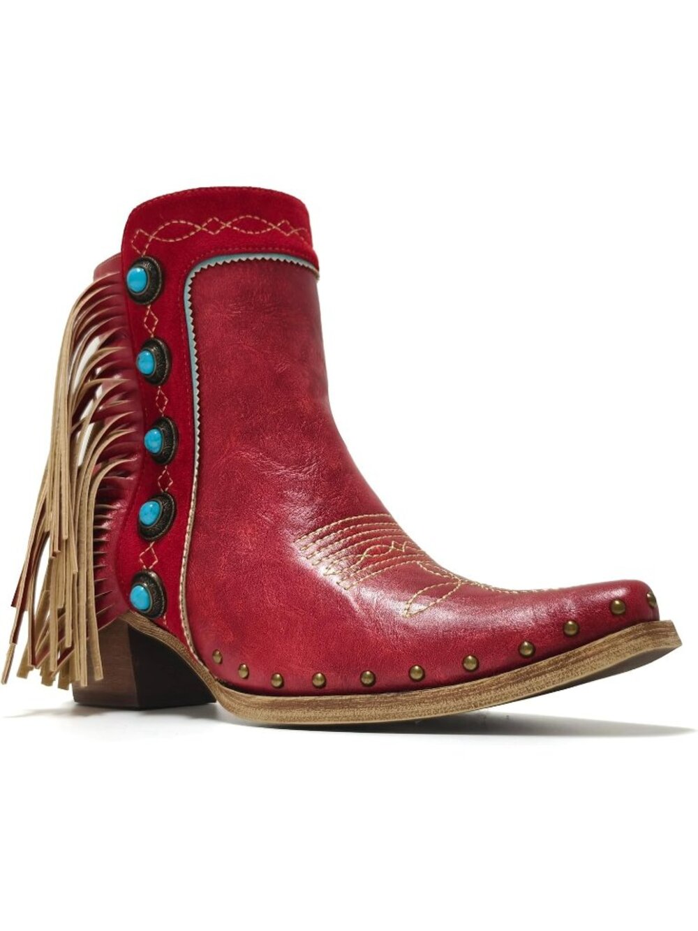 Women's Red Fringe Classic Cushioned Insole Ankle Boots with Turquoise Stones - Picture 2 of 4